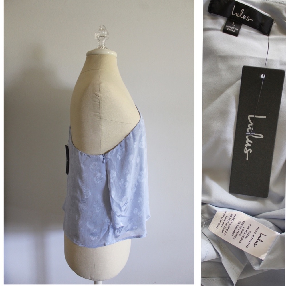 Lulus NWT Stay Lovely Dusty Blue Floral Jacquard Satin One-Shoulder Top Large - Picture 6 of 10